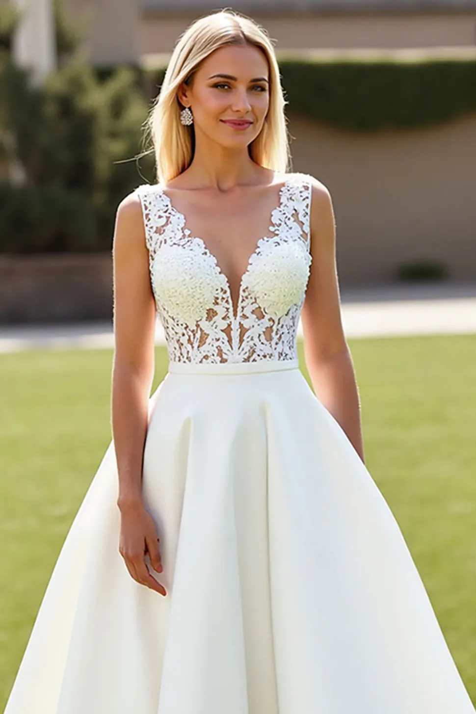 Marfim De Baile/Princesa Decote em V Cetim Longos Vestido de Noiva
