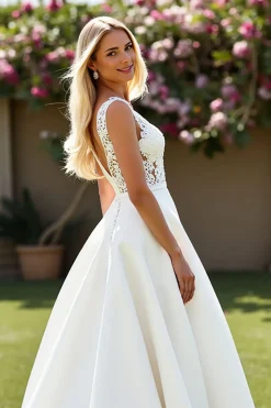 Marfim De Baile/Princesa Decote em V Cetim Longos Vestido de Noiva