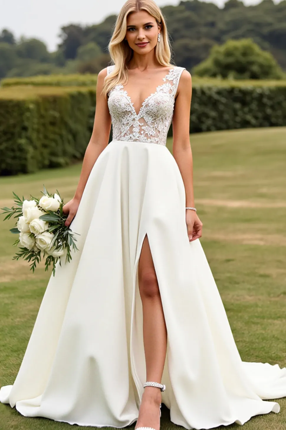 Marfim De Baile/Princesa Renda Decote em V Vestido de Noiva