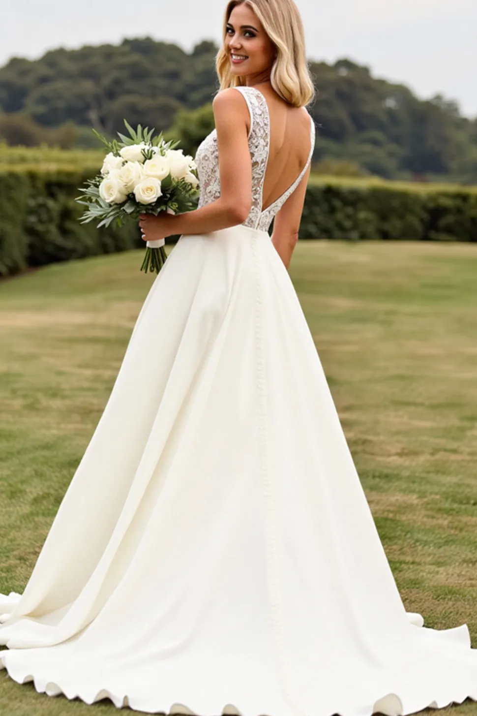 Marfim De Baile/Princesa Renda Decote em V Vestido de Noiva