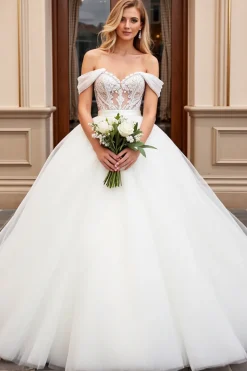 Marfim De Baile/Princesa Sem Ombros Tule Longos Vestido de Noiva