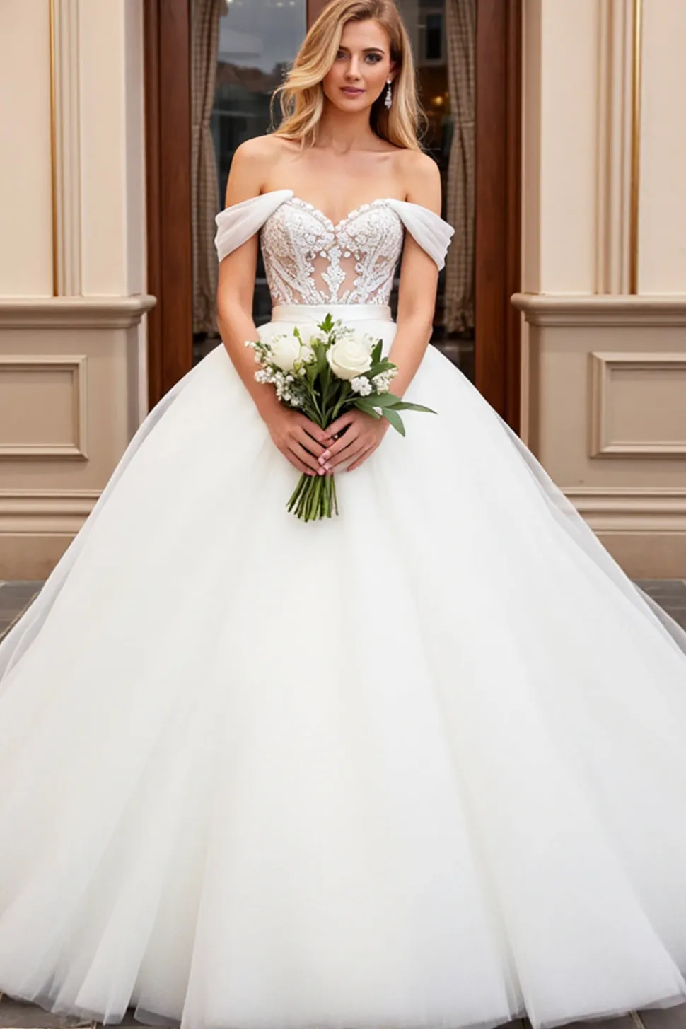 Marfim De Baile/Princesa Sem Ombros Tule Longos Vestido de Noiva