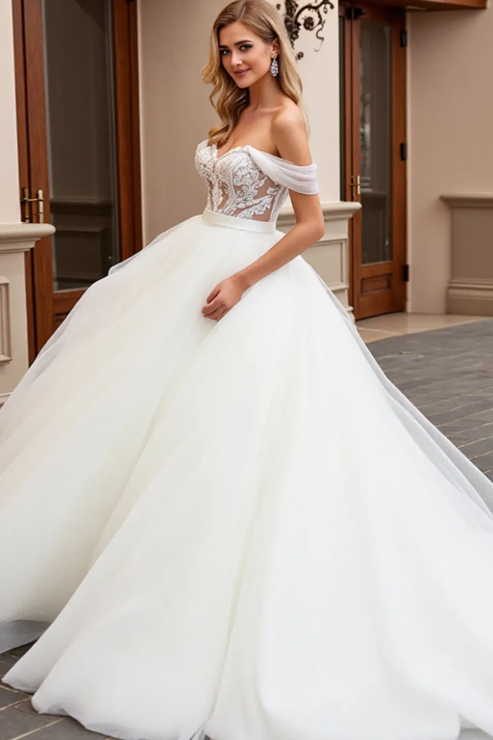 Marfim De Baile/Princesa Sem Ombros Tule Longos Vestido de Noiva