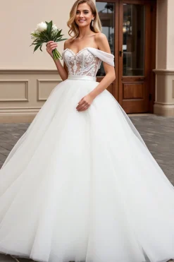 Marfim De Baile/Princesa Sem Ombros Tule Longos Vestido de Noiva