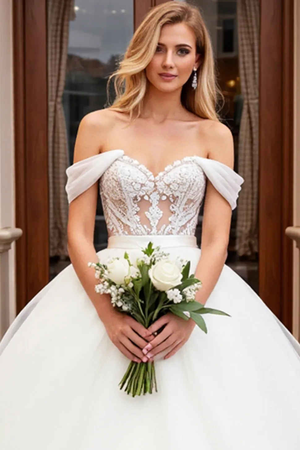 Marfim De Baile/Princesa Sem Ombros Tule Longos Vestido de Noiva