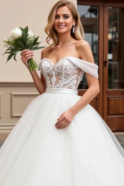 Marfim De Baile/Princesa Sem Ombros Tule Longos Vestido de Noiva
