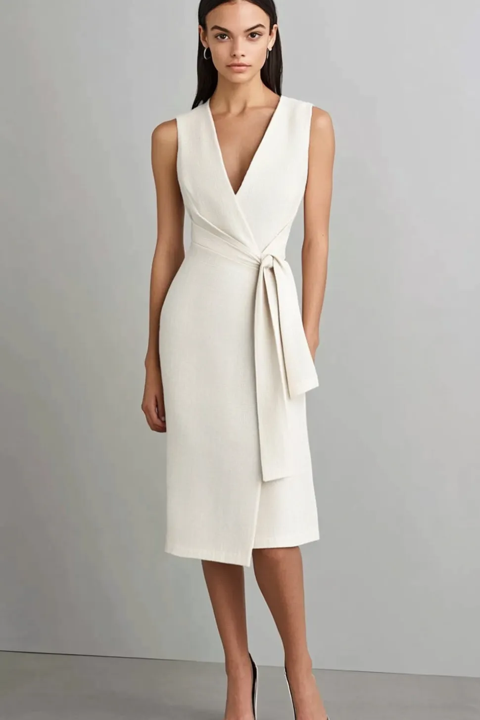 Marfim Decote em V Bodycon Midi Vestidos Cerimónia com Cinto