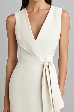 Marfim Decote em V Bodycon Midi Vestidos Cerimónia com Cinto