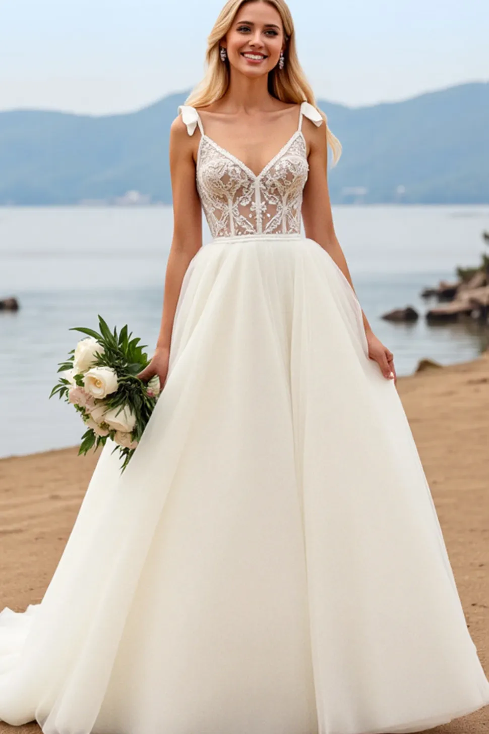 Marfim Decote em V De Baile/Princesa Tule Longo Vestido de Noiva