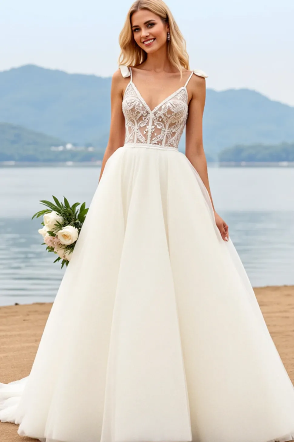 Marfim Decote em V De Baile/Princesa Tule Longo Vestido de Noiva
