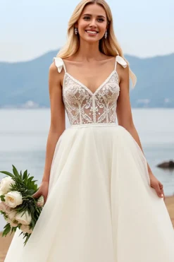 Marfim Decote em V De Baile/Princesa Tule Longo Vestido de Noiva