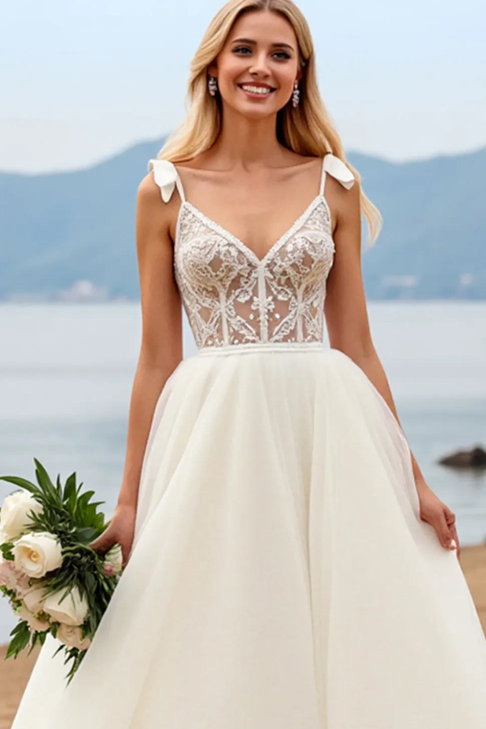 Marfim Decote em V De Baile/Princesa Tule Longo Vestido de Noiva