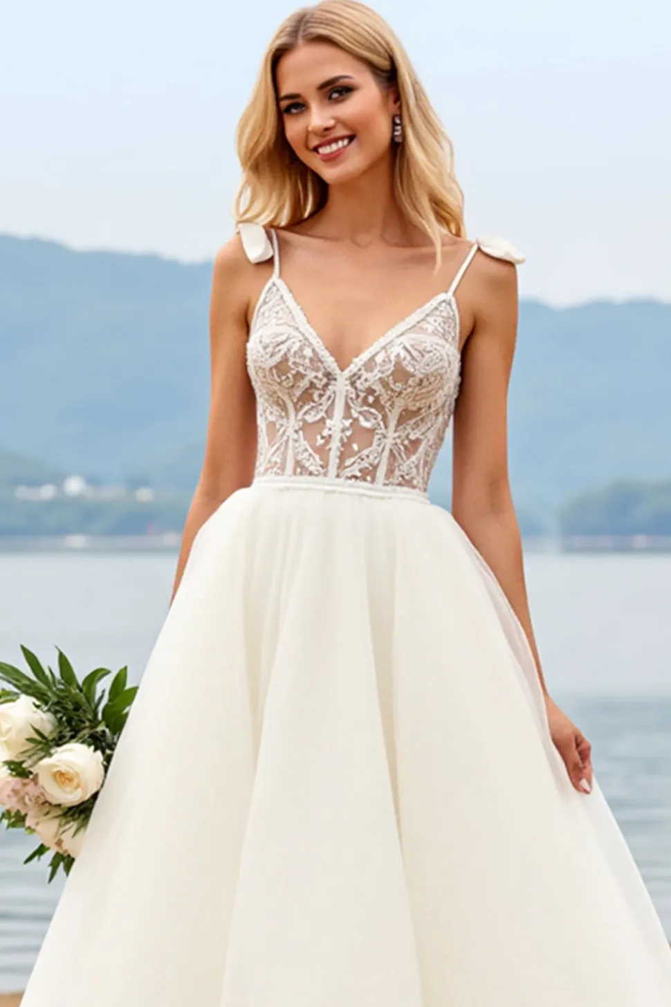 Marfim Decote em V De Baile/Princesa Tule Longo Vestido de Noiva