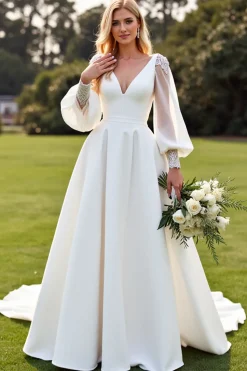 Marfim Decote em V De Baile/Princesa Longos Vestidos de Noiva