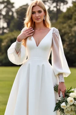Marfim Decote em V De Baile/Princesa Longos Vestidos de Noiva