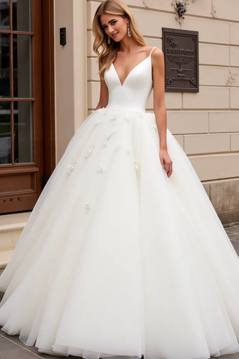 Marfim Decote em V De Baile/Princesa Longos Tule Vestido de Noiva