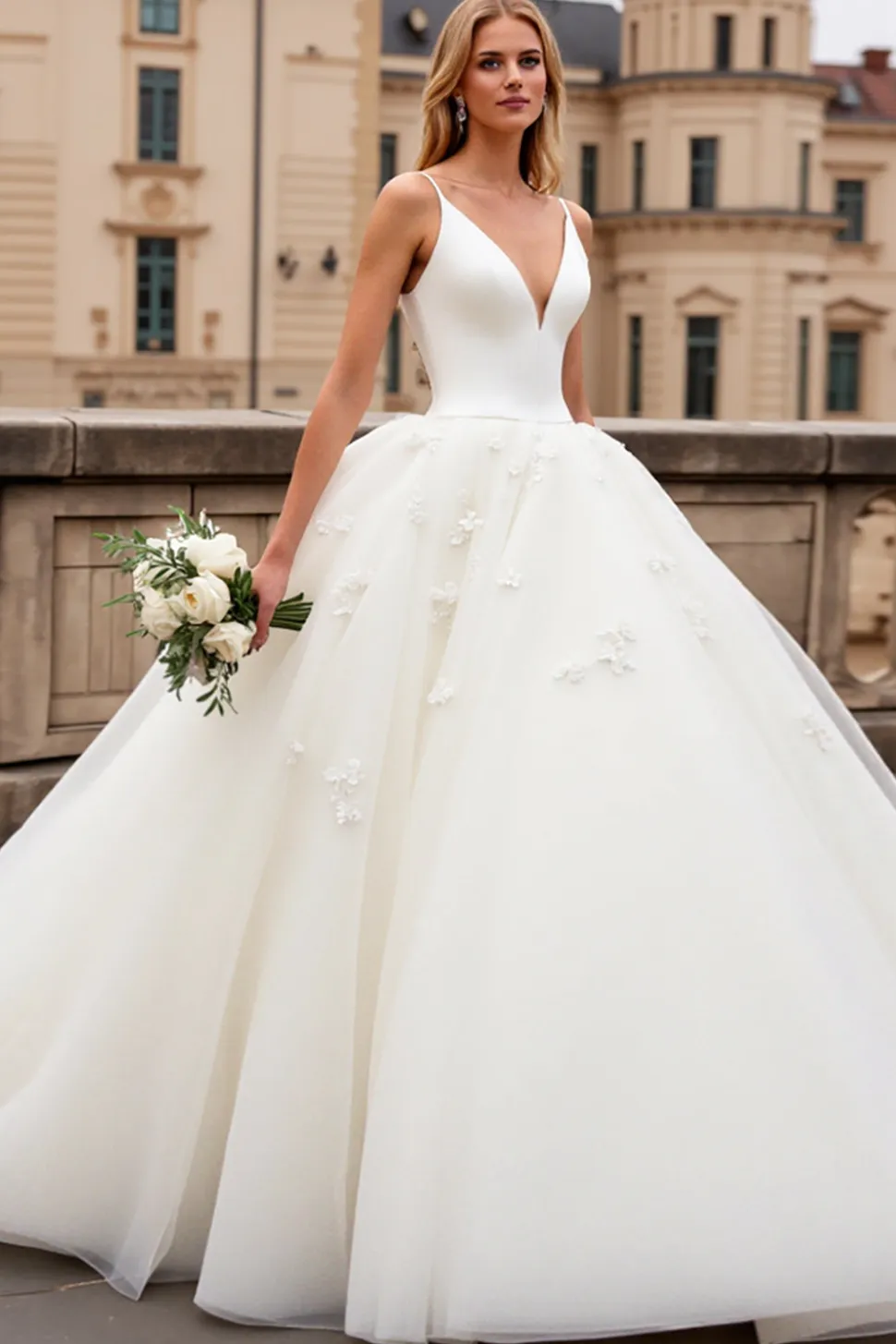 Marfim Decote em V De Baile/Princesa Longos Tule Vestido de Noiva
