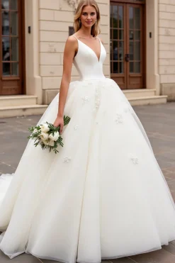 Marfim Decote em V De Baile/Princesa Longos Tule Vestido de Noiva
