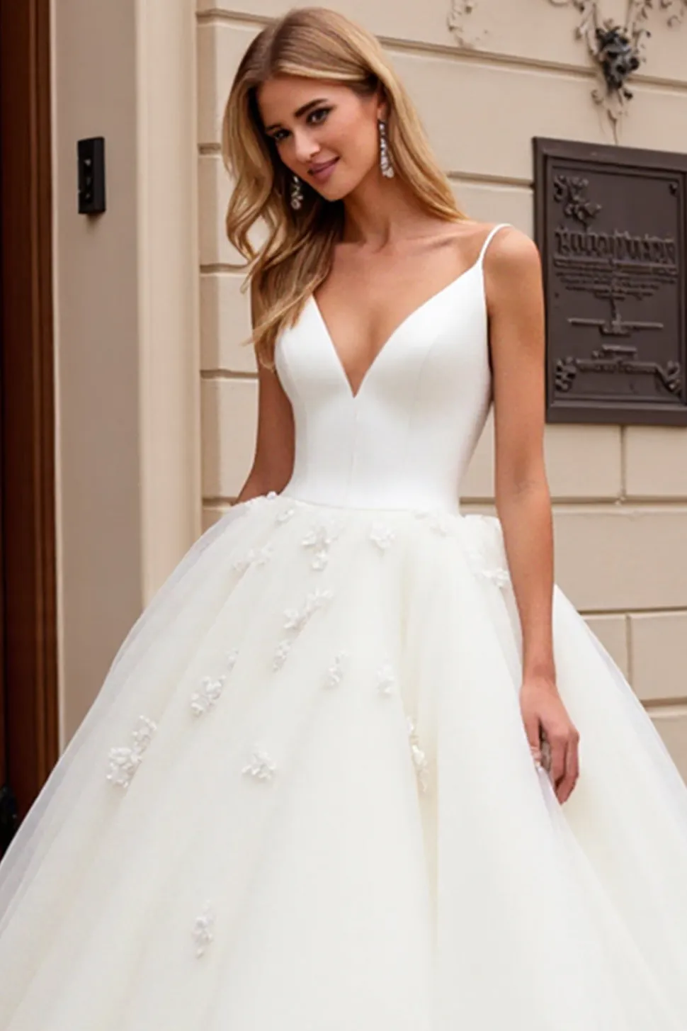 Marfim Decote em V De Baile/Princesa Longos Tule Vestido de Noiva