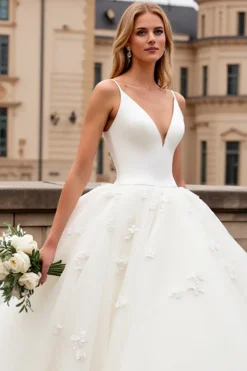 Marfim Decote em V De Baile/Princesa Longos Tule Vestido de Noiva
