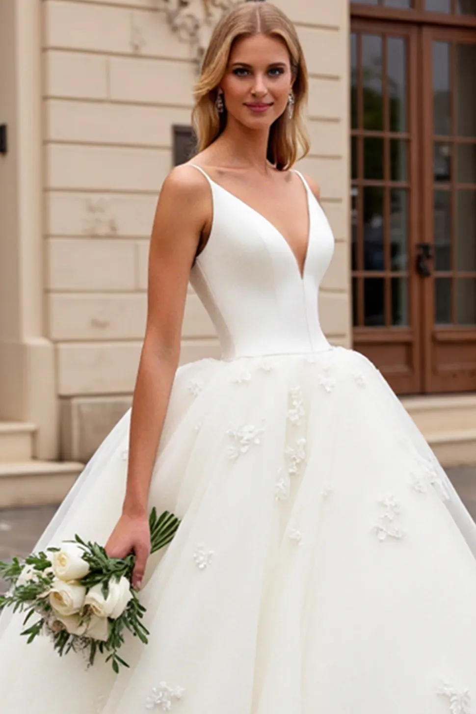 Marfim Decote em V De Baile/Princesa Longos Tule Vestido de Noiva