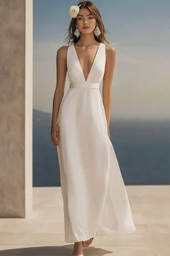 Marfim Decote em V Linha-A Longos Vestido De Noiva Simples