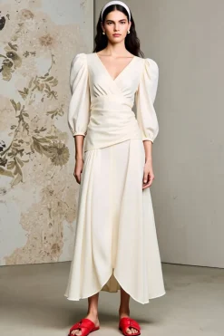 Marfim Decote em V Meias Mangas Longos Vestido Para Casamento Convidada
