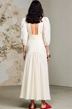 Marfim Decote em V Meias Mangas Longos Vestido Para Casamento Convidada