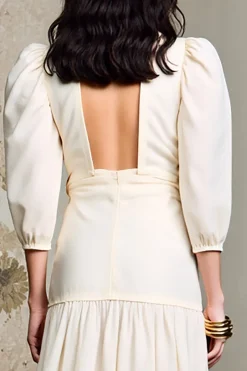 Marfim Decote em V Meias Mangas Longos Vestido Para Casamento Convidada