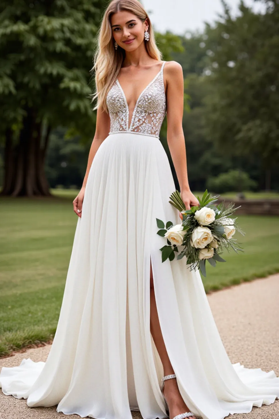 Marfim Decote em V Renda Chiffon Sweep/Brush Trem Vestido de Noiva