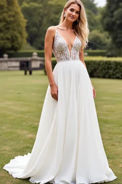 Marfim Decote em V Renda Chiffon Sweep/Brush Trem Vestido de Noiva
