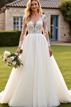 Marfim Decote em V Renda Sweep/Brush Trem Vestidos de Noiva