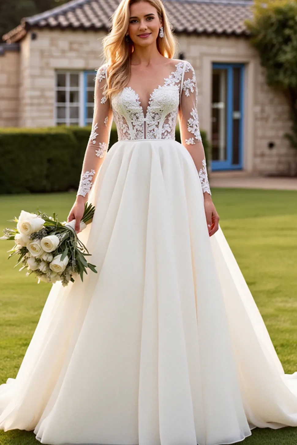 Marfim Decote em V Renda Sweep/Brush Trem Vestidos de Noiva