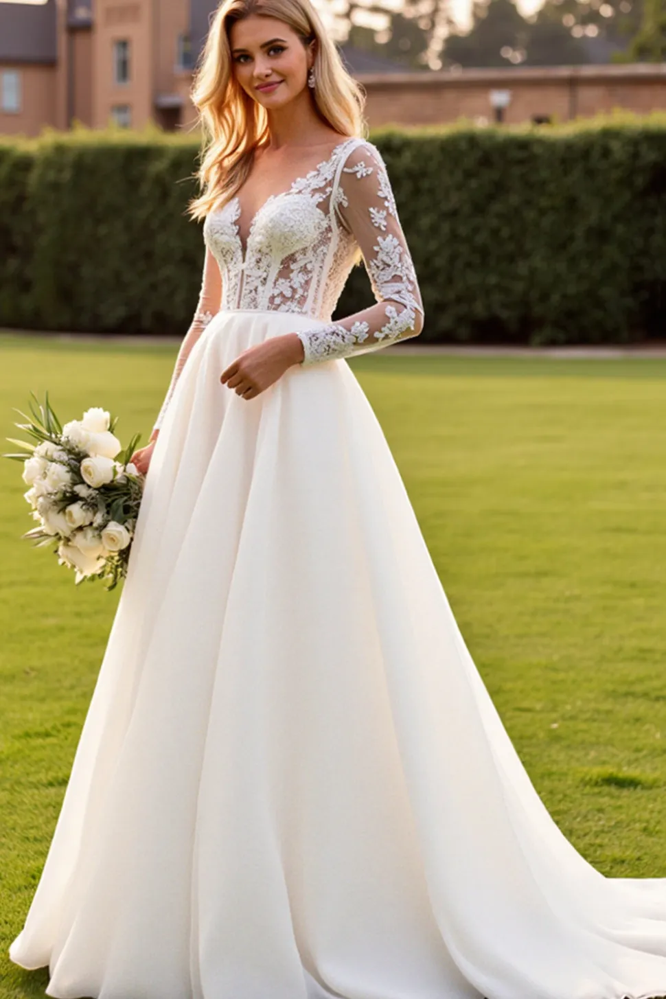 Marfim Decote em V Renda Sweep/Brush Trem Vestidos de Noiva