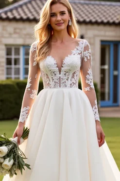 Marfim Decote em V Renda Sweep/Brush Trem Vestidos de Noiva