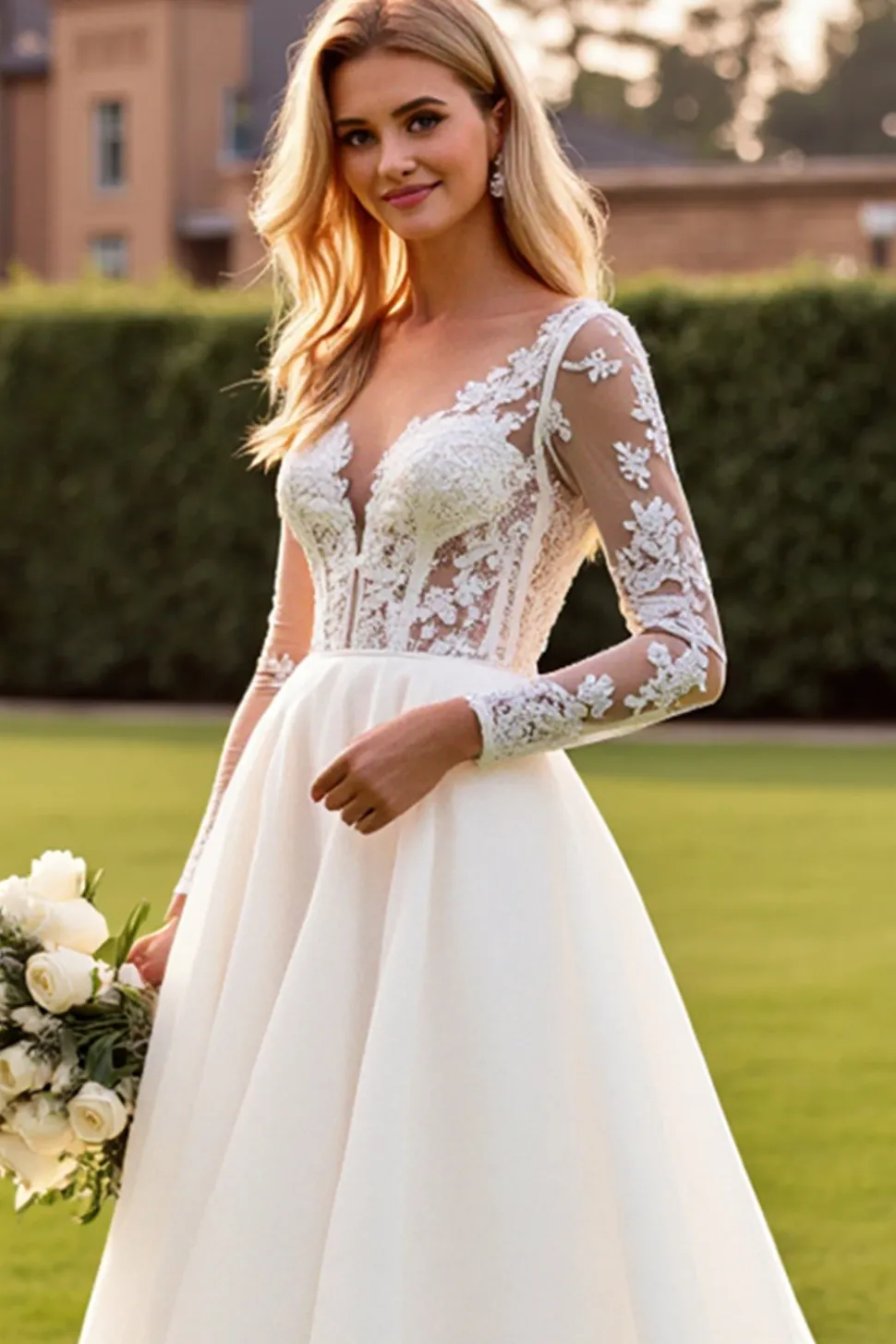 Marfim Decote em V Renda Sweep/Brush Trem Vestidos de Noiva