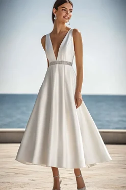Marfim Decote em V Sem Mangas Midi Vestido De Noiva Simples