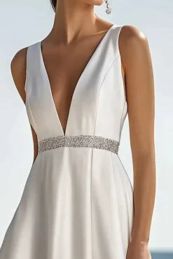 Marfim Decote em V Sem Mangas Midi Vestido De Noiva Simples