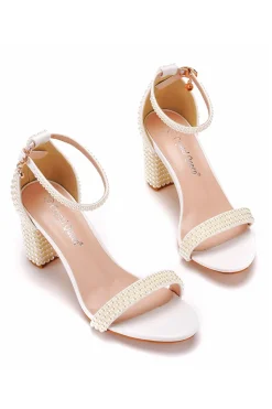 Marfim dedo aberto sapatos de salto grosso com pérolas