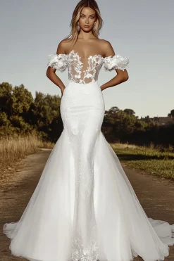 Marfim delicado Uma linha fora do ombro tule renda vestido de noiva