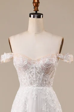 Marfim destacável fora do ombro espartilho tule vestido de noiva