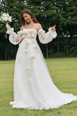 Marfim destacável mangas longas varrer trem vestido de noiva com flores 3D