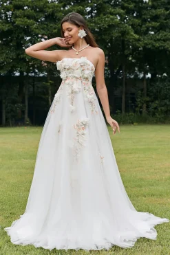 Marfim destacável mangas longas varrer trem vestido de noiva com flores 3D