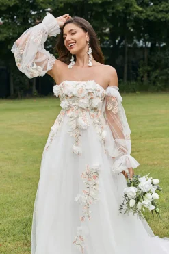 Marfim destacável mangas longas varrer trem vestido de noiva com flores 3D