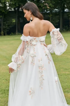 Marfim destacável mangas longas varrer trem vestido de noiva com flores 3D