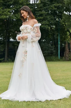 Marfim destacável mangas longas varrer trem vestido de noiva com flores 3D