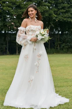Marfim destacável mangas longas varrer trem vestido de noiva com flores 3D