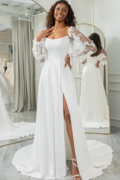 Marfim Destacável Mangas Longas Borboletas Boho Vestido de Noiva