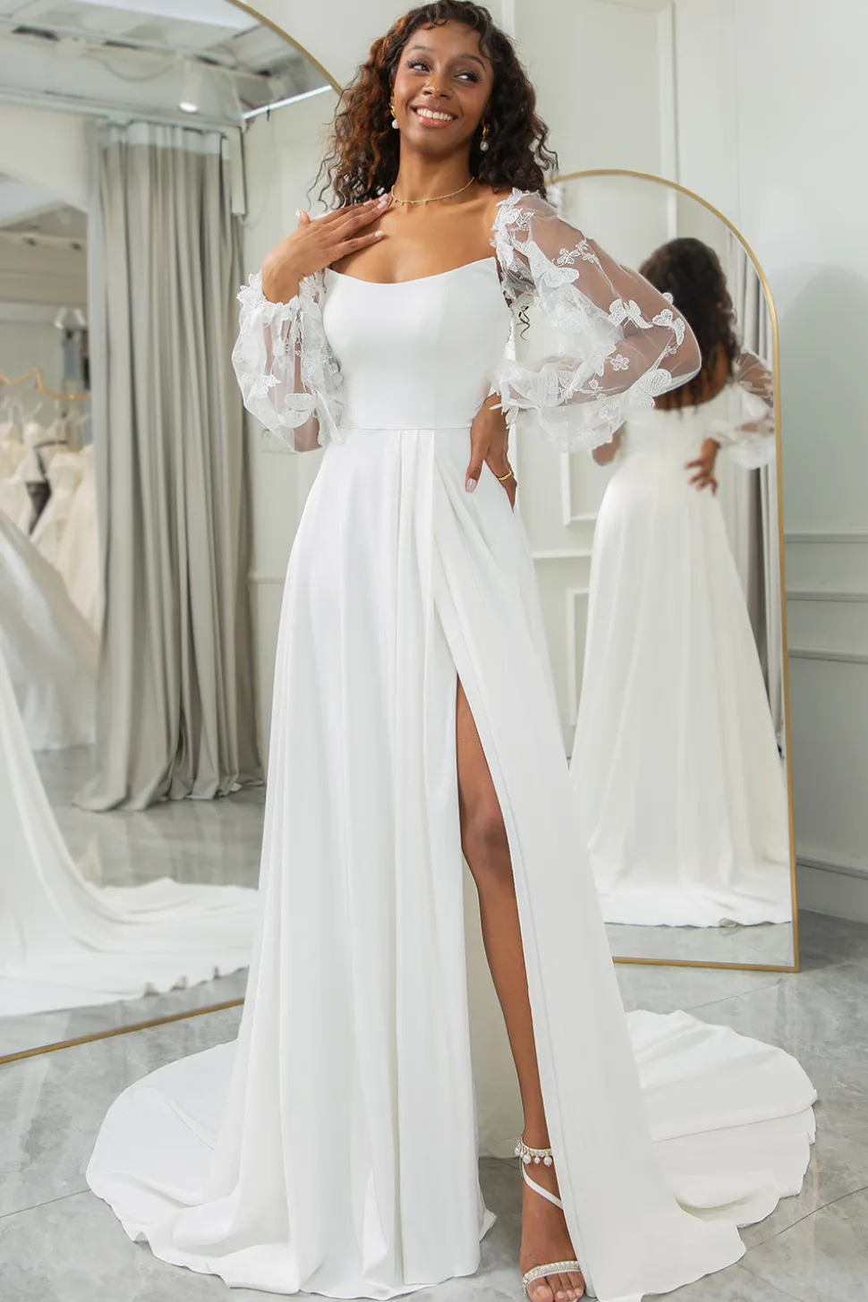 Marfim Destacável Mangas Longas Borboletas Boho Vestido de Noiva