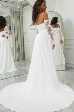 Marfim Destacável Mangas Longas Borboletas Boho Vestido de Noiva